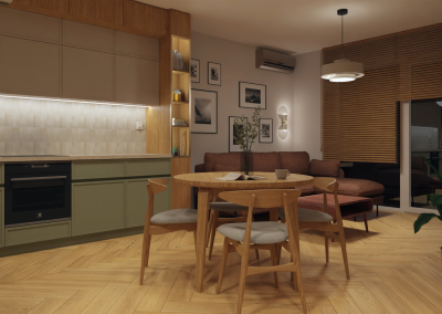 Salon z jadalnią w brązach i zieleni oraz drewnie