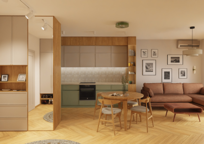 Salon z kuchnią w brązach, beżach i drewnie